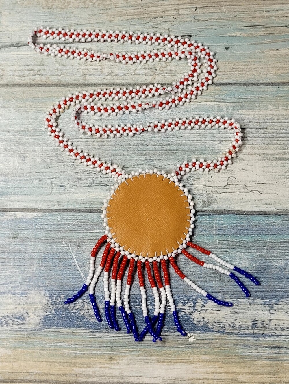White, Red & Blue Seed Beaded Fringe Necklace - Picture 2 of 8